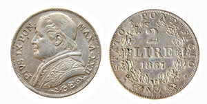 ROMA - PIO IX (1846-1870) LIRE 2 -1867 A.XXI ... 