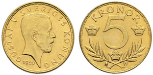 Gustaf V. 1907-1950. 5 Kronor ... 