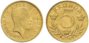 Gustaf V. 1907-1950. 5 Kronor ... 