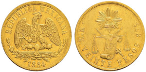 Republik. 20 Pesos 1884, Mexico. ... 