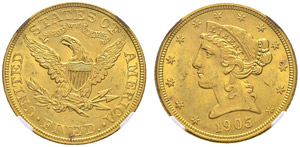 5 Dollars 1905. Fr. 143. NGC MS64. ... 