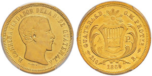 Republik. 4 Pesos 1869. Assayer R. ... 