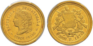 Republik. 5 Pesos 1874. Assayer P. ... 