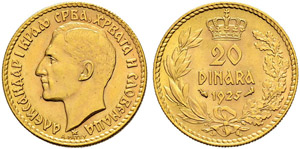 Alexander I. 1921-1934. 20 Dinars ... 