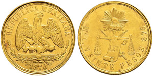 Republik. 20 Pesos 1870, Mo-C ... 