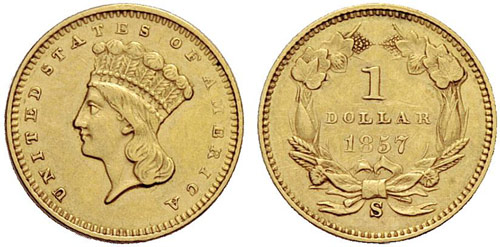 USA - 1 Dollar 1857-S. 1,68 g. Fr. ... 