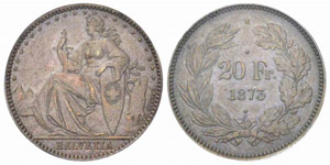 20 Franken 1873. Mit drei Punkten. ... 