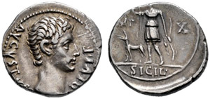 Augustus, 27 BC - 14 - Denarius 15/13, ... 
