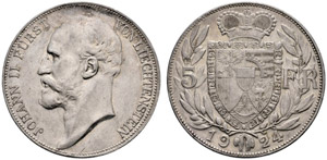 Johann II. 1858-1929. 5 Franken 1924. 25.00 ... 