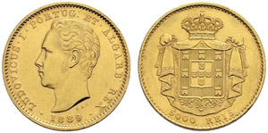 Luis I. 1861-1889. 5000 Reis 1889, Lissabon. ... 