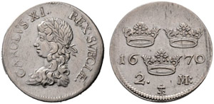 Karl XI. 1660-1697. 2 Mark 1670. 10.48 g. SM ... 
