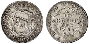Bern - 10 Kreuzer 1755. 2.17 g. D.T.521a. ... 