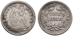 10 Cents 1853. Jahreszahl zwischen Pfeilen. ... 