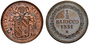 Pio IX. 1846-1878. 1/2 Baiocchi 1851, AN V, ... 
