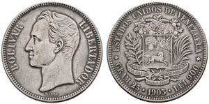 Republik - 5 Bolivares 1903. 24.81 g. KM 24. ... 