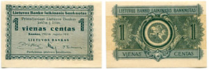 LITAUEN - Lot. 1 Centas vom 10.9.1922. 5 ... 