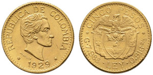 Republik, 1886-. 5 Pesos 1929. 7.99 g. Fr. ... 