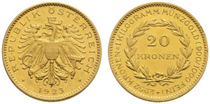 I. Republik. 1918-1938. 20 Kronen 1923. 6.78 ... 