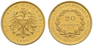 I. Republik. 1918-1938. 20 Kronen 1924, ... 