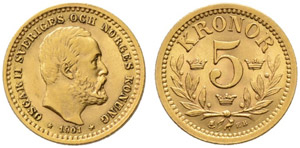 Oscar II. 1872-1907. 5 Kronor 1901. 2.24 g. ... 