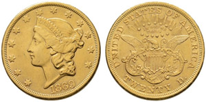 20 Dollars 1869, San Francisco. 33.39 g. ... 