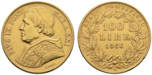 Pio IX. 1846-1878. Z100 Lire 1866, AN XXI, ... 
