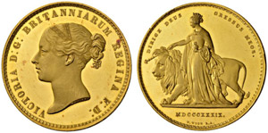 Victoria, 1837-1901. 5 Pounds 1839. Una and ... 