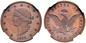 10 Dollars 1849, Paris. Probe-Prägung in ... 