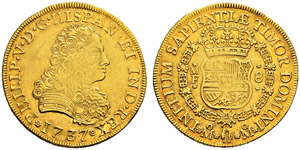 Felipe V. 1700-1746. 8 Escudos 1737, Mexiko. ... 