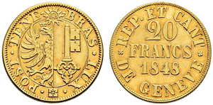 Genf / Genève - Kanton - 20 Francs 1848. ... 