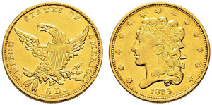5 Dollars 1834, Philadelphia. 8.32 g. ... 