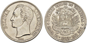 Republik - 5 Bolivares 1902. 25.00 g. KM ... 
