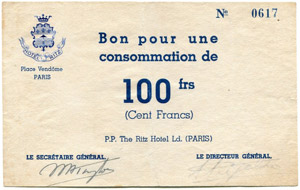 Ritz Hotel / Paris. 100 Francs – Bon pour ... 