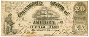 Confederate Paper Money - 20 / XX Dollars of ... 