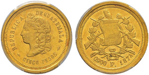 Republik. 5 Pesos 1874. Assayer P.  KM 198. ... 