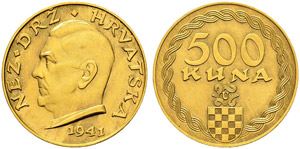 500 Kuna 1941.  10.16 g. Schl. 1. Fr. 1. ... 