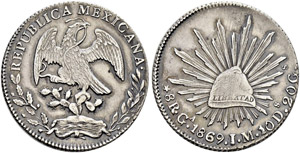 Republik. 8 Reales 1869 Ga-JM, Guadalajara.  ... 