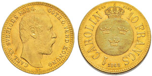 Karl XV. 1859-1872. Carolin - 10 Francs ... 