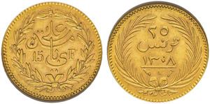 Ali Bei, 1882-1902. 15 Francs / 25 Piastres ... 