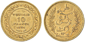 Ali Bei, 1882-1902. 10 Francs 1891.  3.22 g. ... 