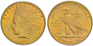 10 Dollars 1910, D-Denver. Indian Head.  Fr. ... 