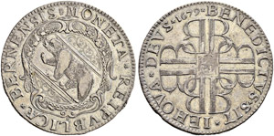 Taler 1679. Av. Leicht ovales Berner Wappen ... 