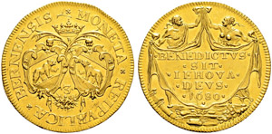 3 Dukaten 1680. Av. Zwei ovale Berner Wappen ... 