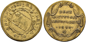 Bronzejeton 1680. Av. Ovales Wappen in einer ... 