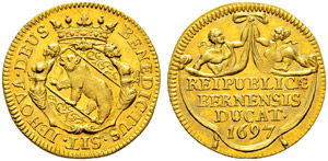 Dukat 1697. Av. Gekröntes Berner Wappen auf ... 