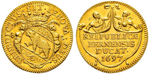 Dukat 1697. Av. Gekröntes Berner Wappen. ... 