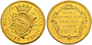 4 Dukaten o. J. (um 1750). Av. Gekröntes, ... 