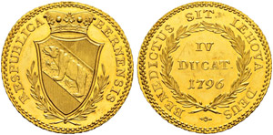 4 Dukaten 1796. Av. Gekröntes Berner Wappen ... 