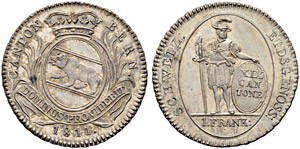 1 Franken 1811. Av. Gekröntes Berner Wappen ... 