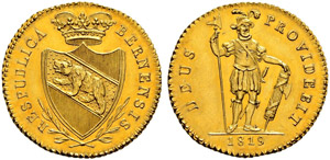 Dublone 1819. Av. Gekröntes Berner Wappen ... 